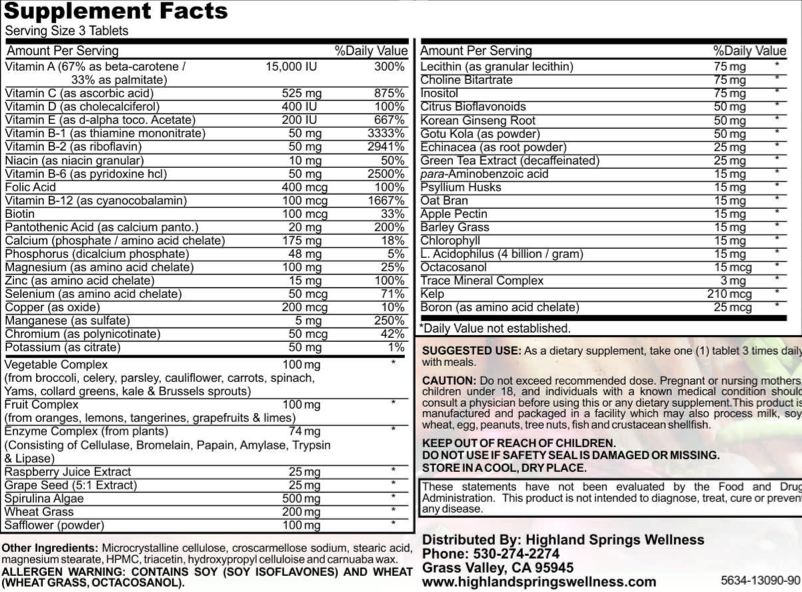 Highland Springs Essential Vitality 3-a-day blend - supplement facts